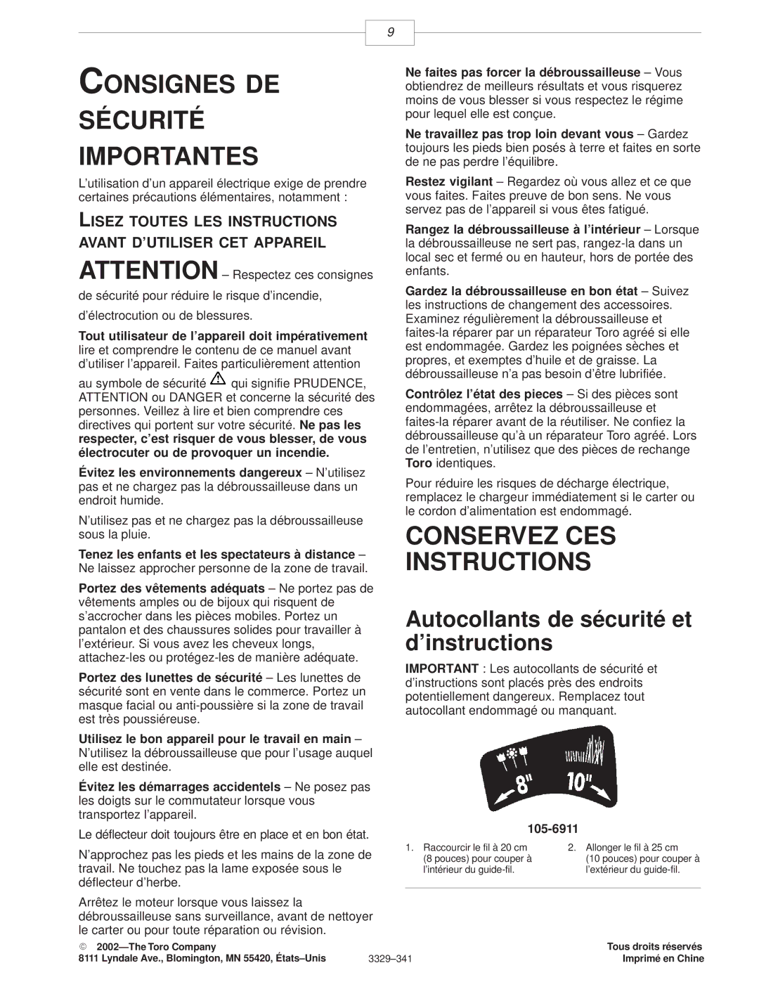 Toro 51465230000001 & Up manual Consignes DE Sécurité Importantes, Autocollants de sécurité et dinstructions 