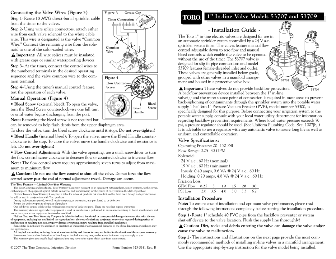 Toro 53707, 53709 specifications Connecting the Valve Wires Figure, Manual Operation Figure, Valve Specifications 