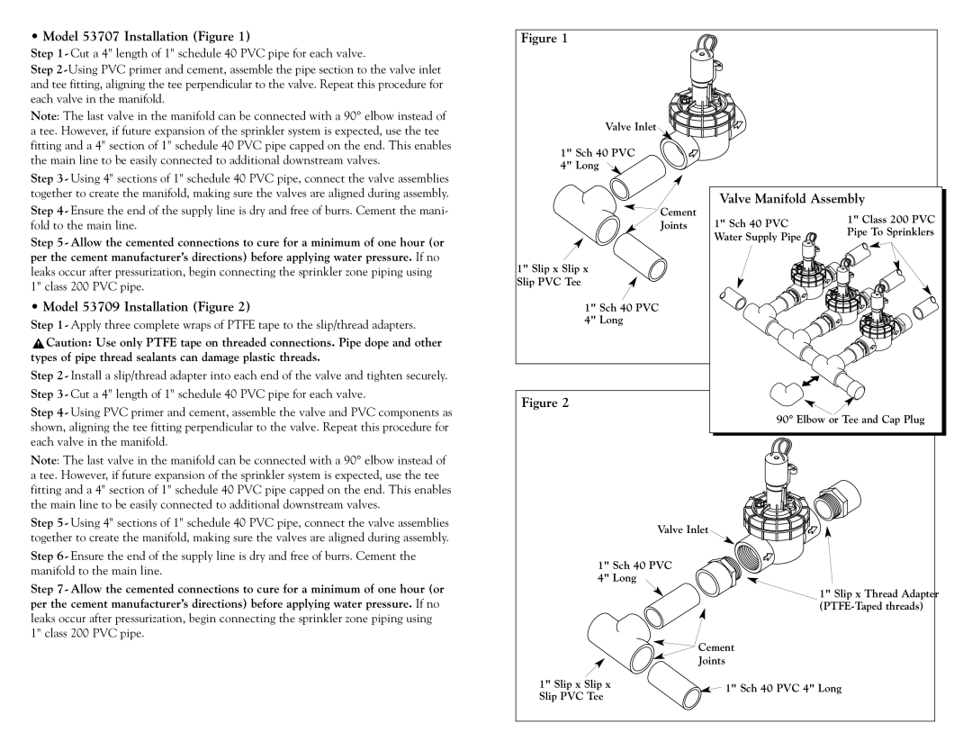 Toro specifications Model 53707 Installation Figure, Model 53709 Installation Figure, Valve Manifold Assembly 