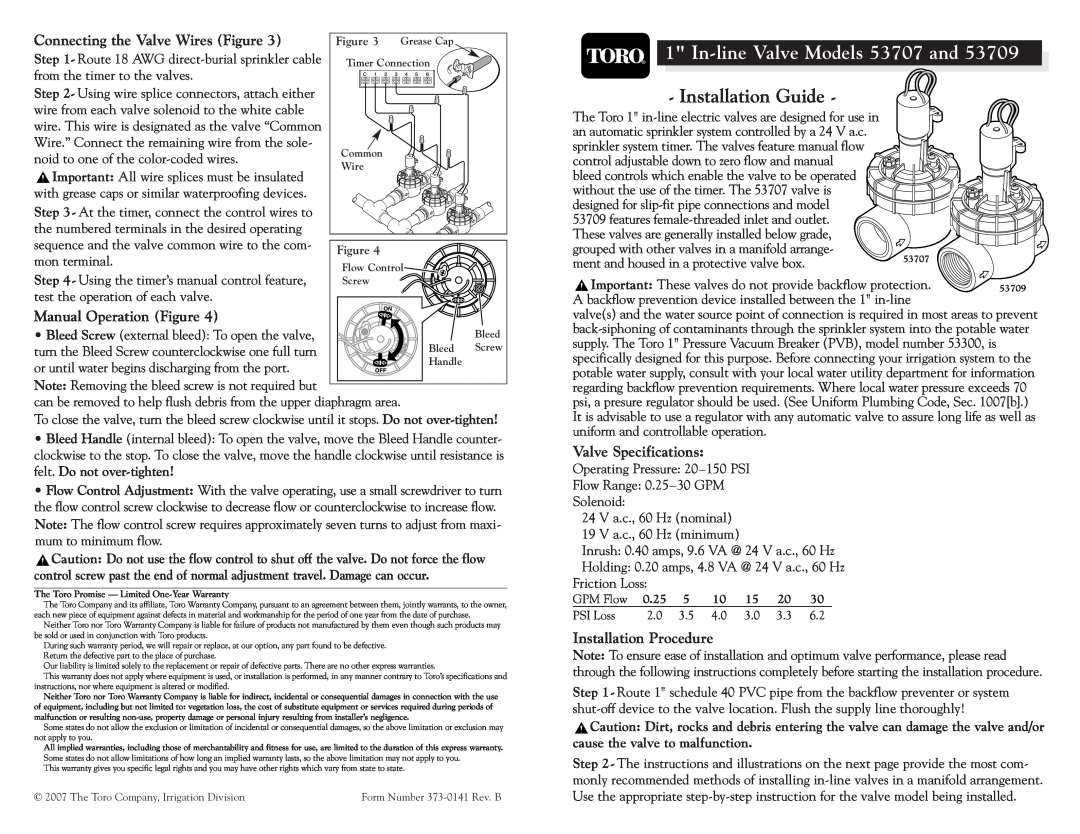 Toro 53707, 53709 specifications Connecting the Valve Wires Figure, Manual Operation Figure, Valve Specifications 