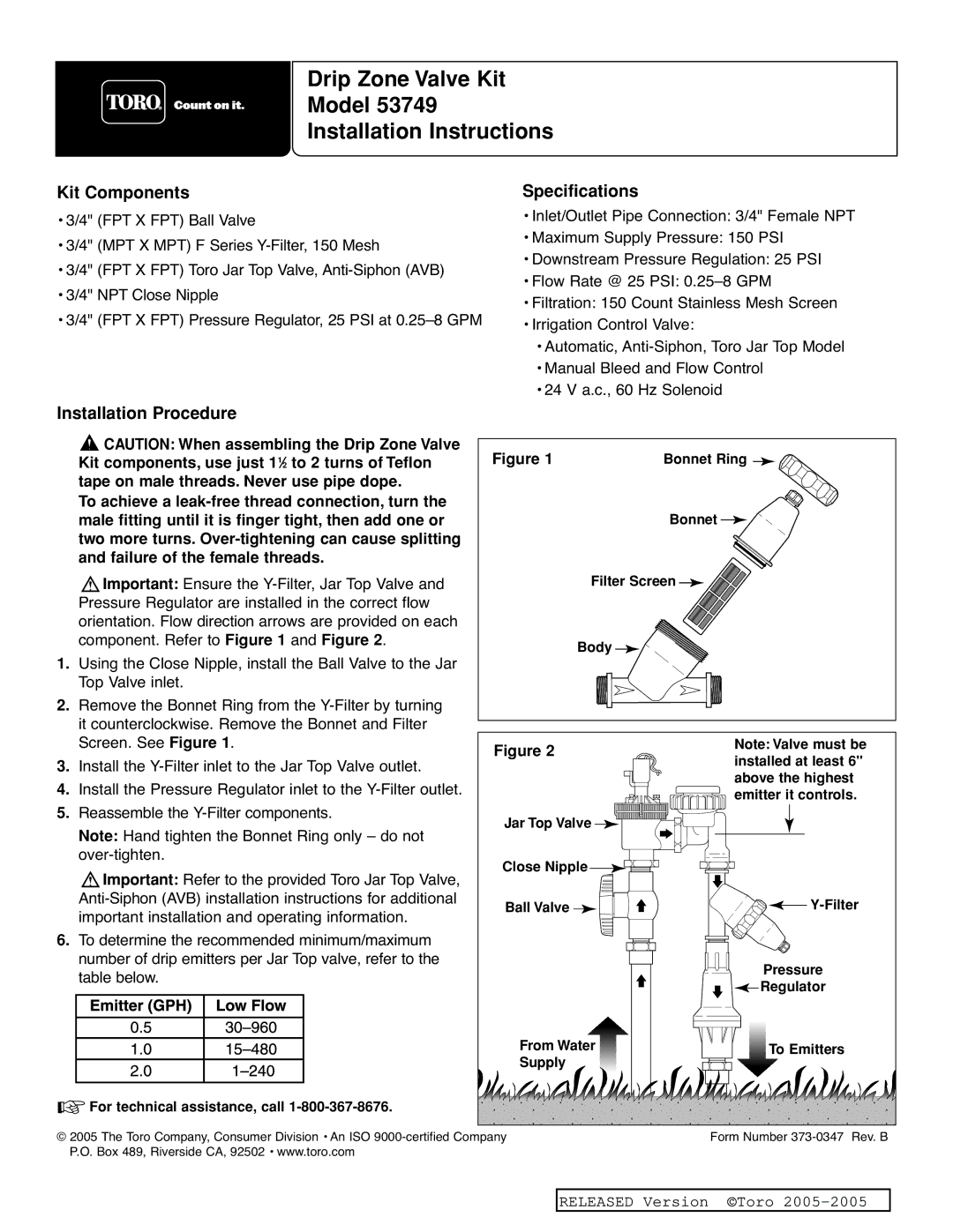 Toro 53749 specifications Drip Zone Valve Kit, Model, Installation Instructions, Kit Components Specifications 