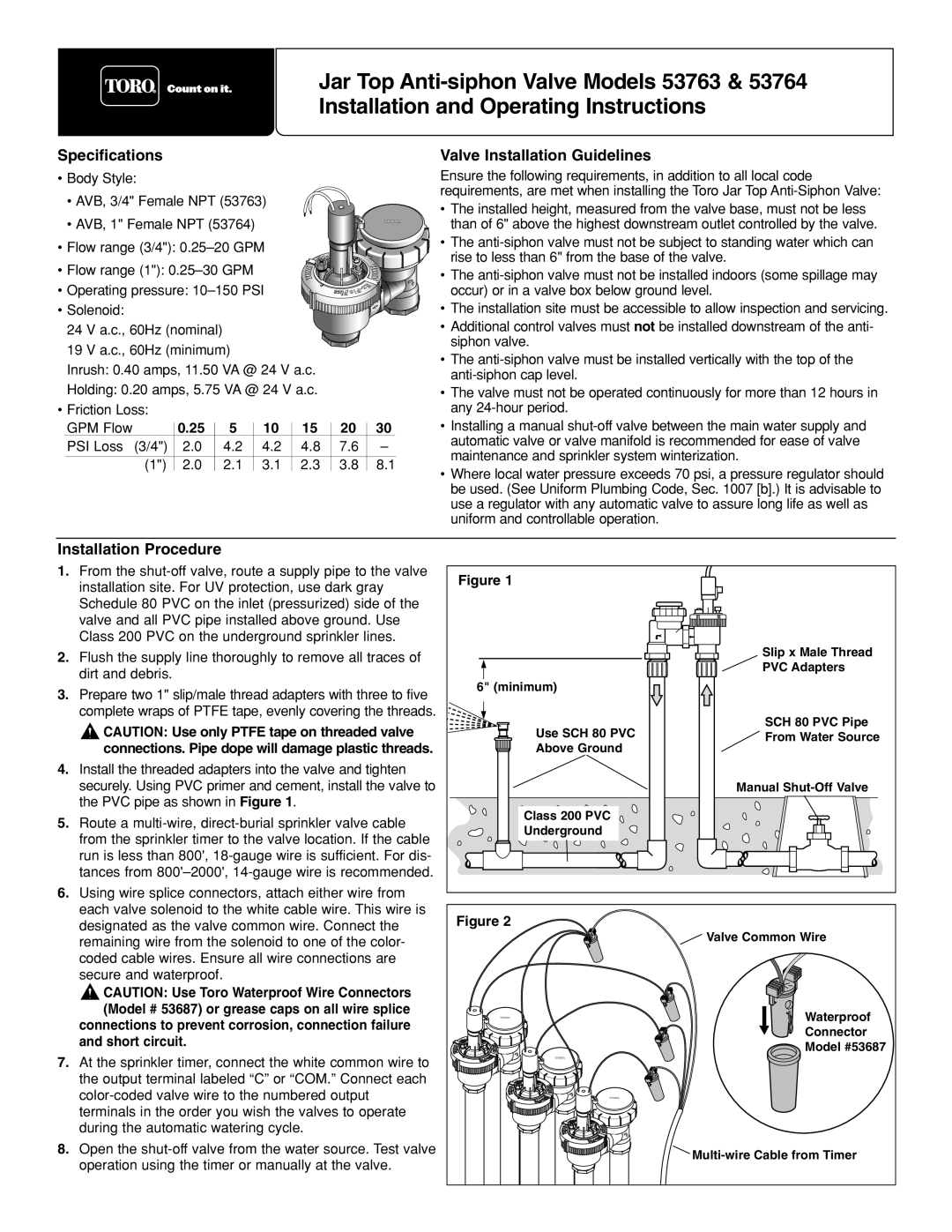 Toro 53764 specifications Specifications, Valve Installation Guidelines, Installation Procedure, 0.25, and short circuit 