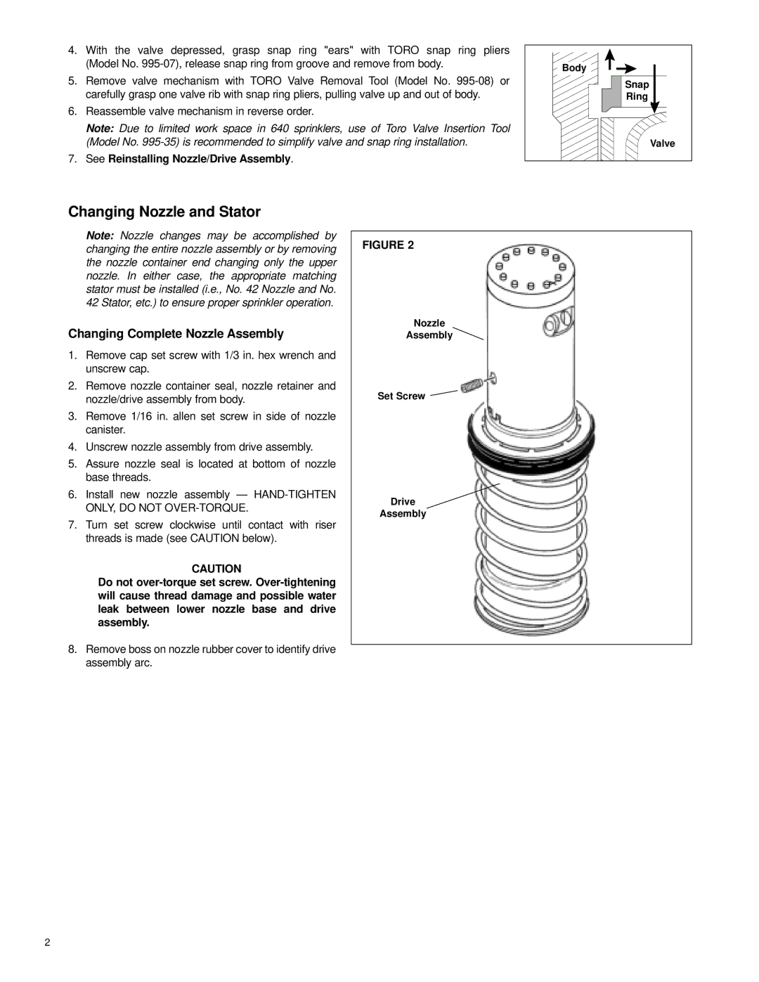 Toro 640 manual Changing Nozzle and Stator, Changing Complete Nozzle Assembly 