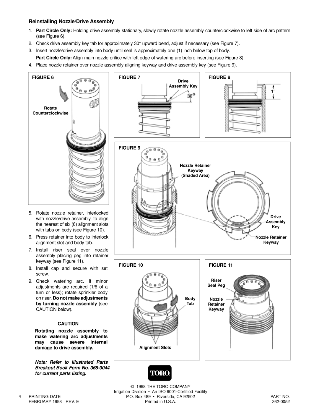 Toro 640 manual Reinstalling Nozzle/Drive Assembly, Alignment Slots 