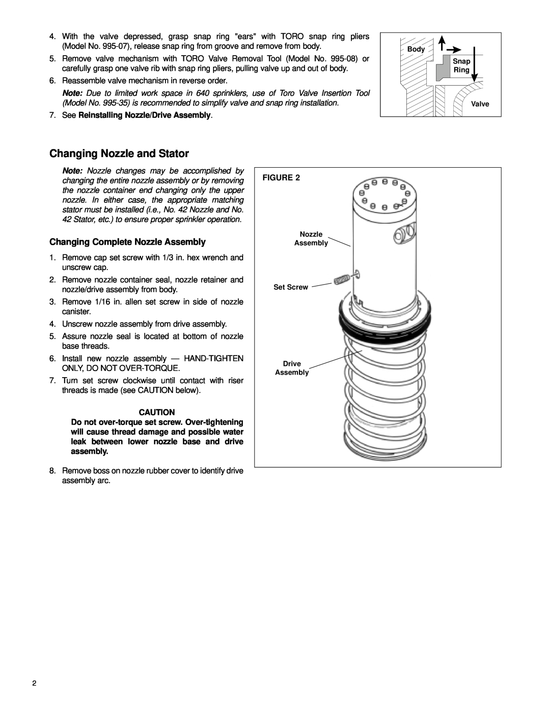 Toro 640 manual Changing Nozzle and Stator, Changing Complete Nozzle Assembly, See Reinstalling Nozzle/Drive Assembly 