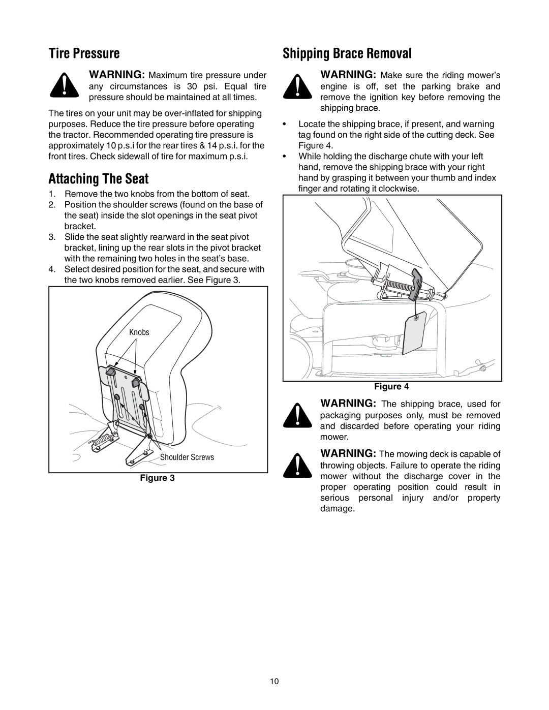 Toro 71430, 71432 manual Tire Pressure, Attaching The Seat, Shipping Brace Removal 