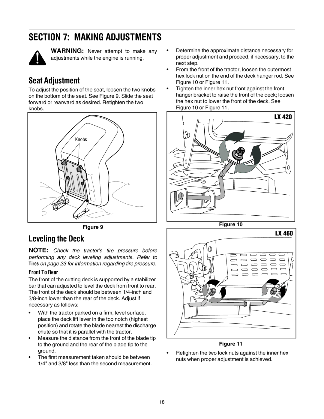 Toro 71430, 71432 manual Seat Adjustment, Leveling the Deck, Front To Rear 