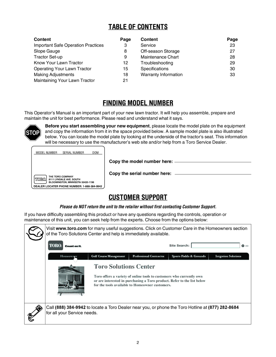 Toro 71430, 71432 manual Table of Contents 