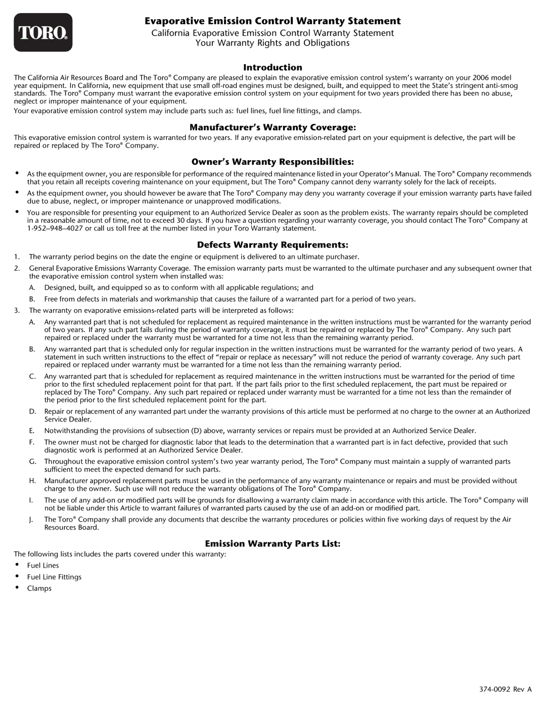 Toro 71430, 71432 manual Evaporative Emission Control Warranty Statement, Introduction 