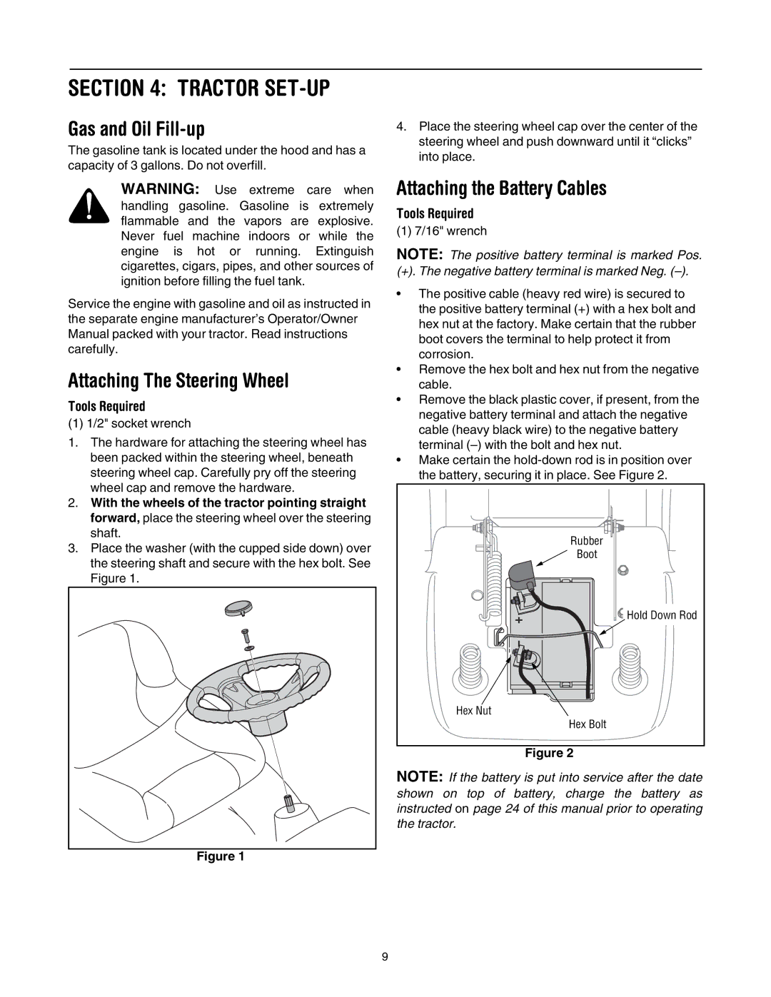 Toro 71430, 71432 manual Gas and Oil Fill-up, Attaching The Steering Wheel, Attaching the Battery Cables, Tools Required 