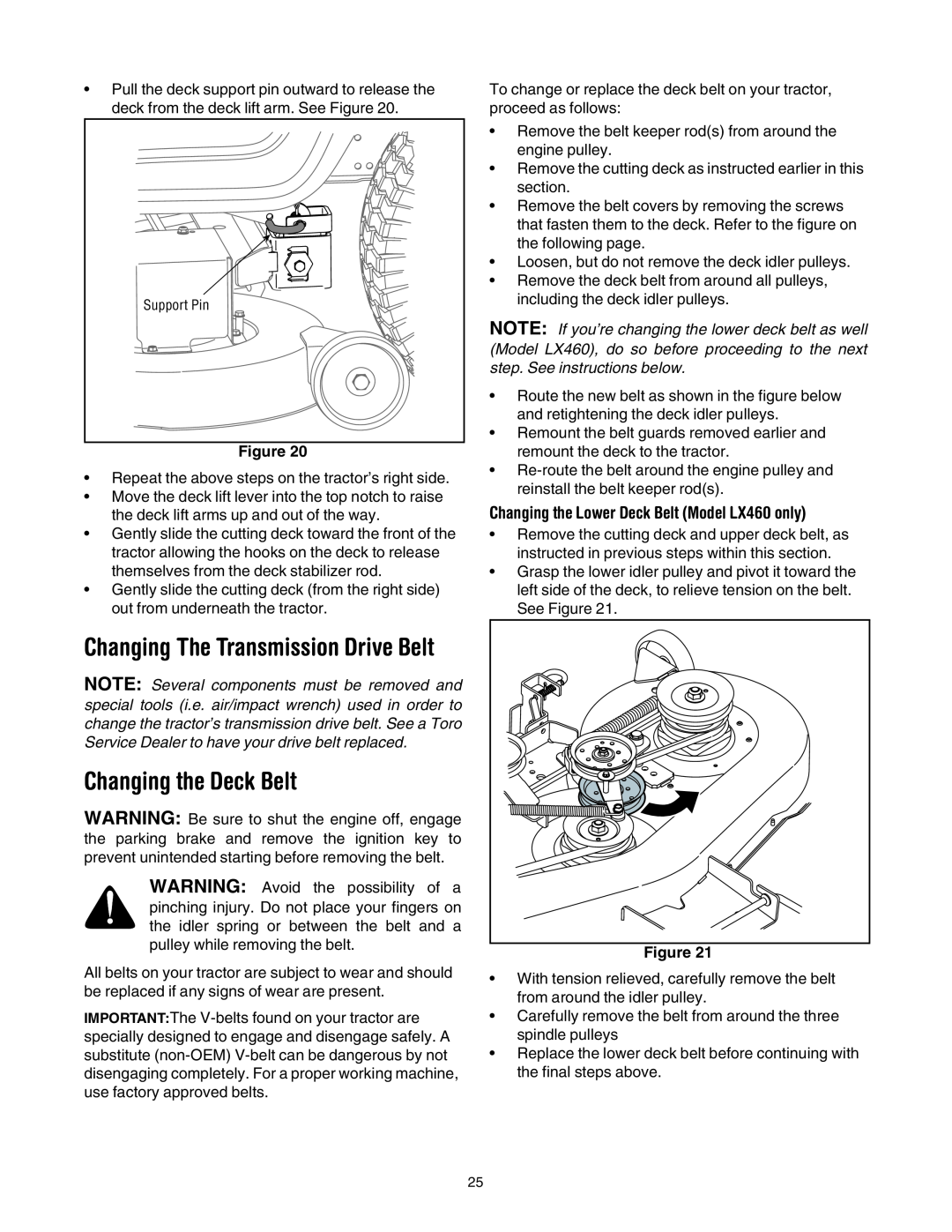 Toro 71430, 71432 manual Changing the Deck Belt, Changing The Transmission Drive Belt 