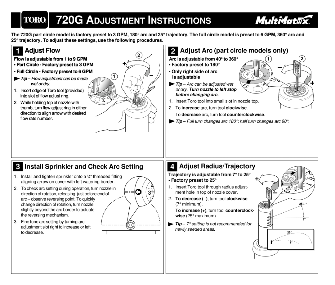 Toro manual 720G ADJUSTMENT INSTRUCTIONS, Adjust Flow, Adjust Arc part circle models only, Adjust Radius/Trajectory 