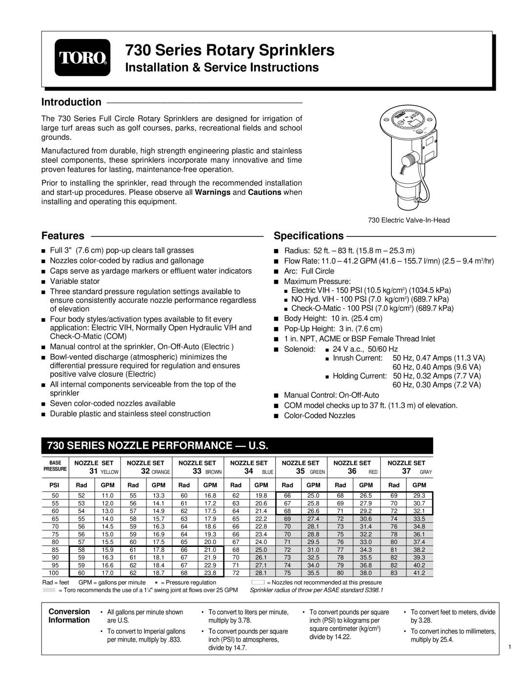 Toro 730 specifications Installation & Service Instructions, Features, Specifications, Conversion, Information 