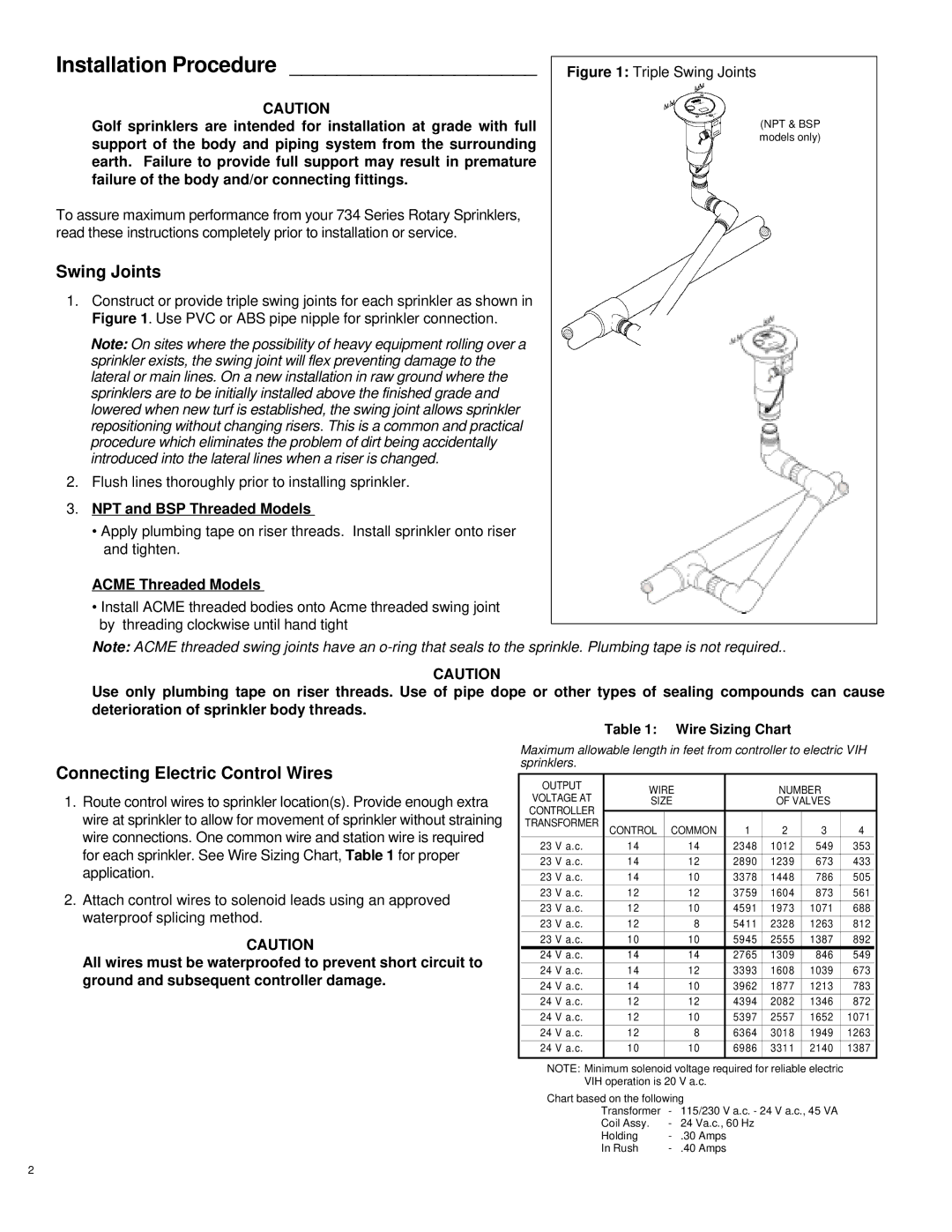 Toro 730 specifications Swing Joints, Connecting Electric Control Wires, Wire Sizing Chart 