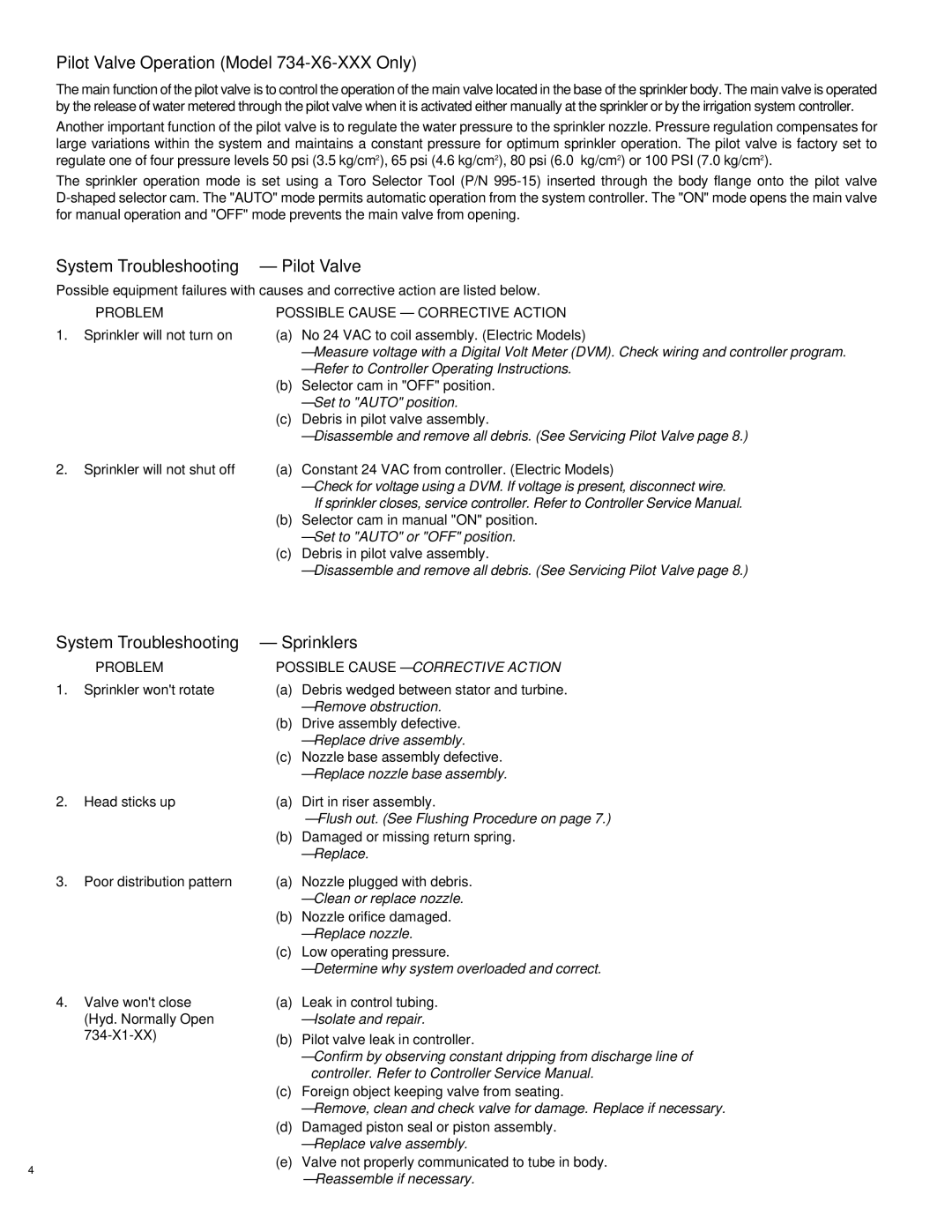 Toro 730 specifications Pilot Valve Operation Model 734-X6-XXX Only, System Troubleshooting Pilot Valve, Head sticks up 