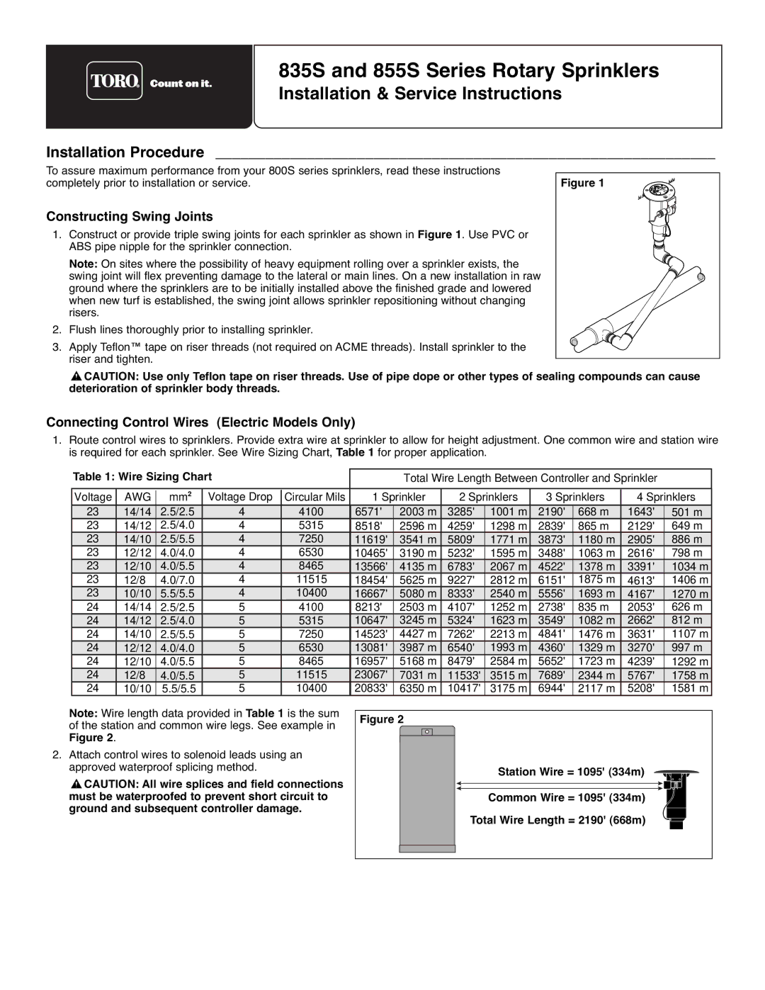 Toro 855S, 835S manual Installation Procedure, Constructing Swing Joints, Connecting Control Wires Electric Models Only 