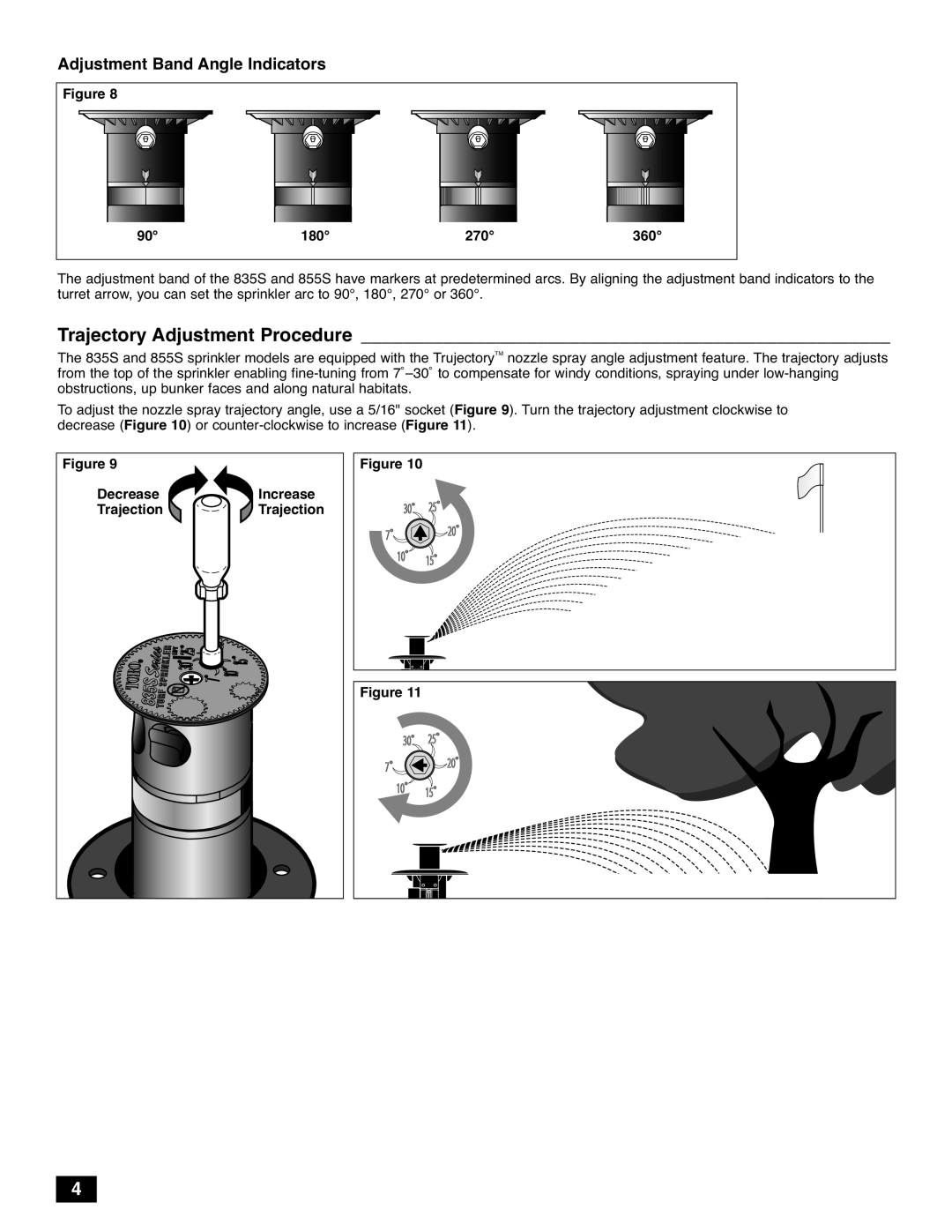 Toro 835S Trajectory Adjustment Procedure, Adjustment Band Angle Indicators, 180 270 360, Decrease Increase Trajection 