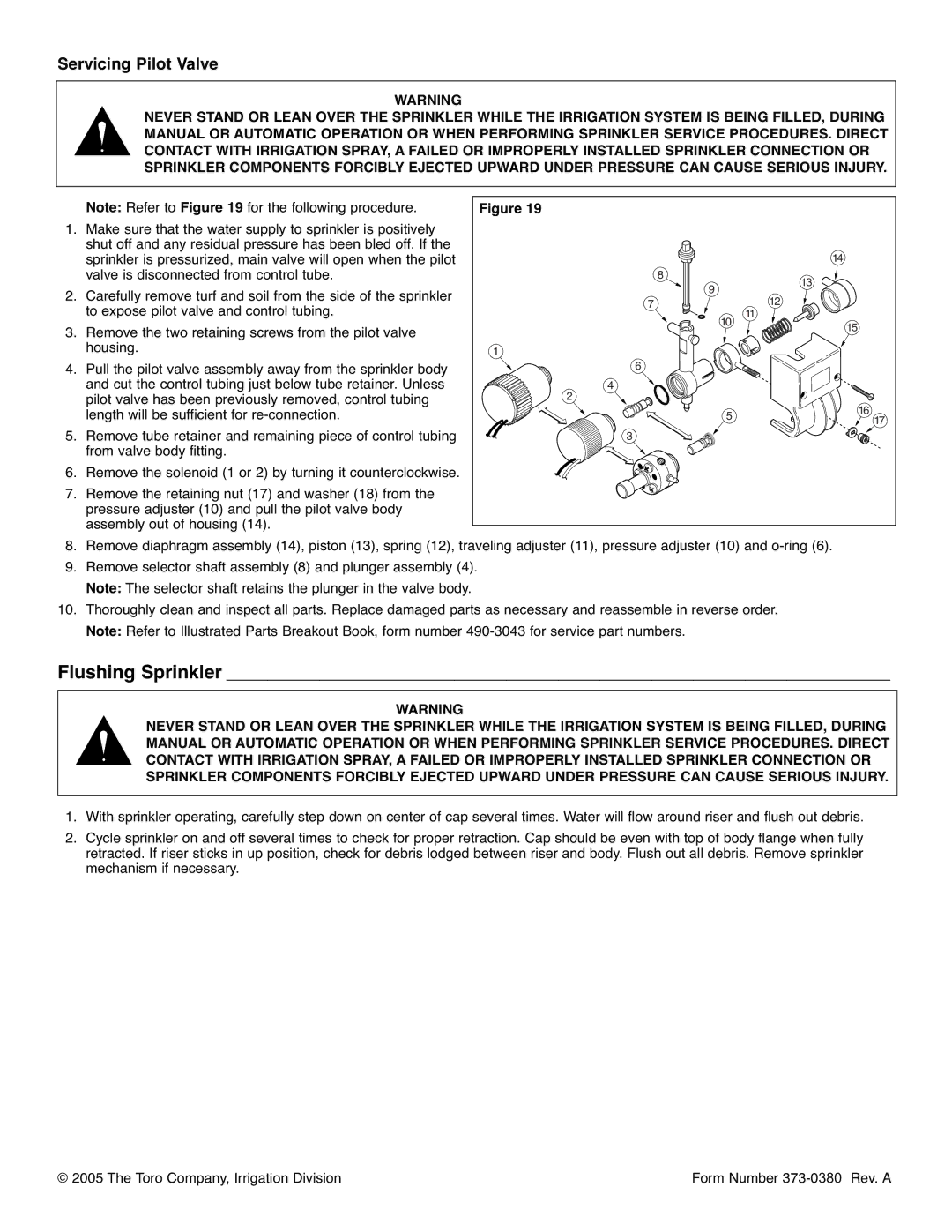 Toro 855S, 835S manual Flushing Sprinkler, Servicing Pilot Valve 