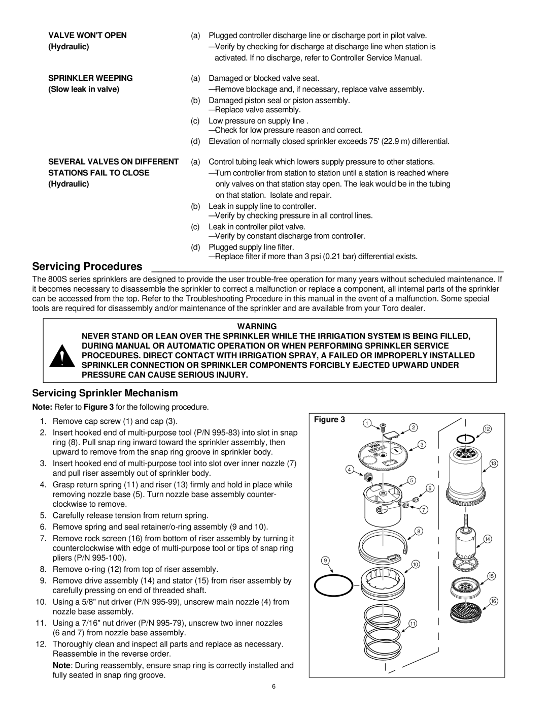 Toro 850S, 830S Servicing Procedures, Servicing Sprinkler Mechanism, Sprinkler Weeping, Several Valves on Different 