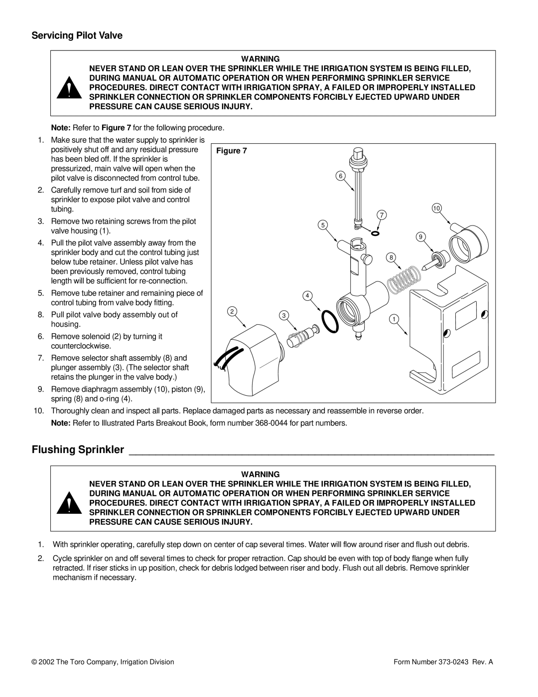 Toro 850S, 830S specifications Flushing Sprinkler, Servicing Pilot Valve 