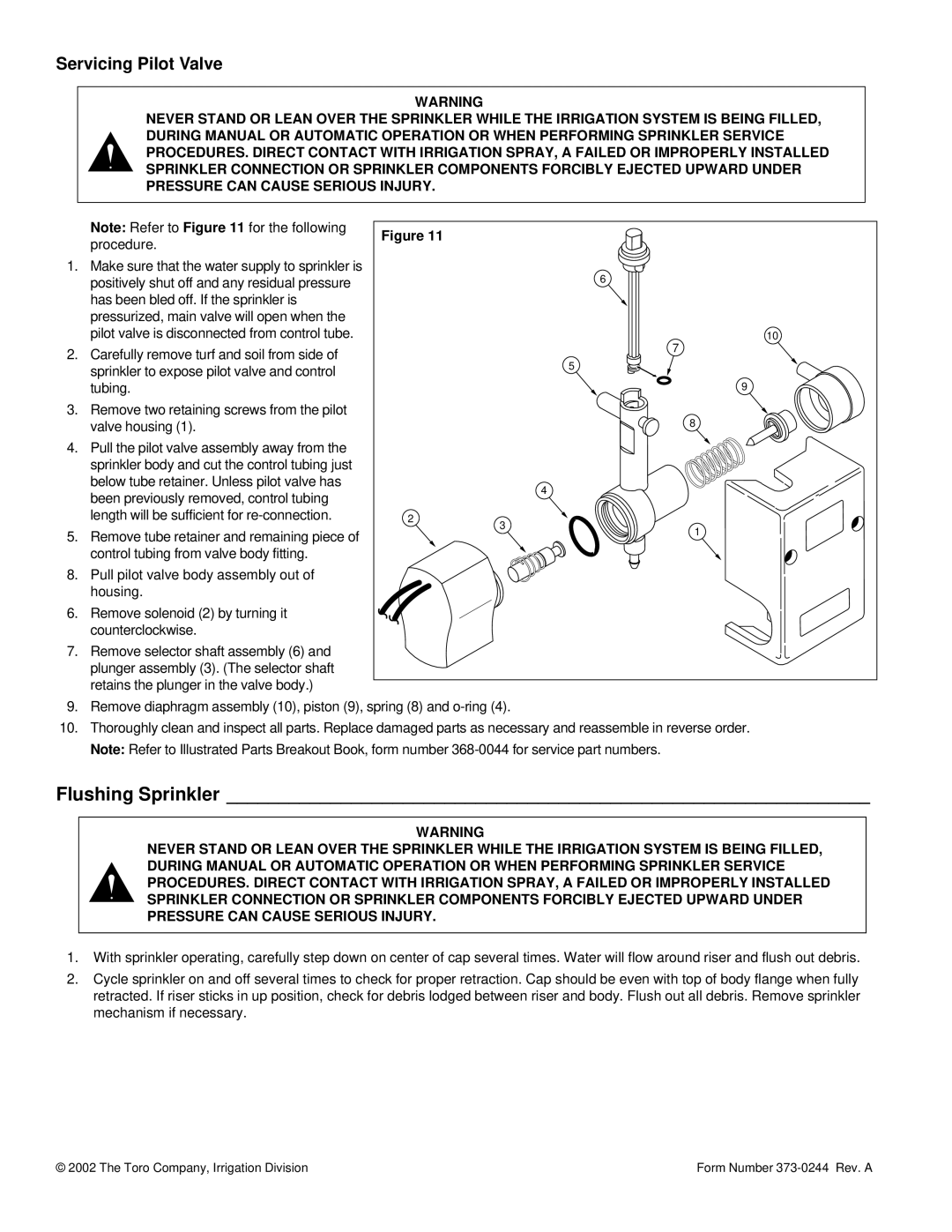 Toro 880S, 860S specifications Flushing Sprinkler, Servicing Pilot Valve 