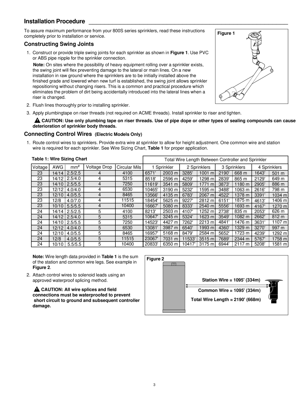 Toro 860S, 880S specifications Constructing Swing Joints, Connecting Control Wires Electric Models Only, Wire Sizing Chart 