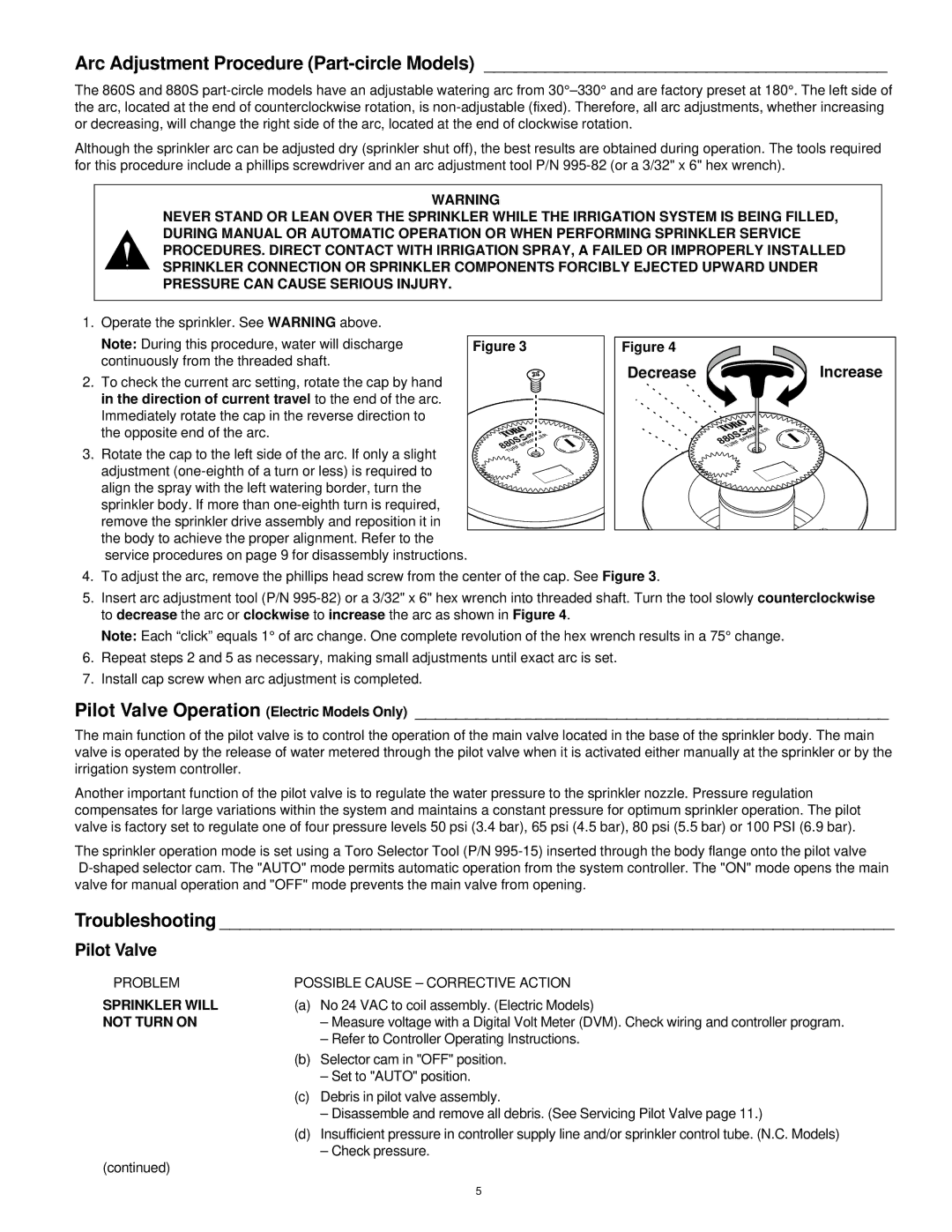Toro 860S, 880S Arc Adjustment Procedure Part-circle Models, Pilot Valve Operation Electric Models Only, Troubleshooting 