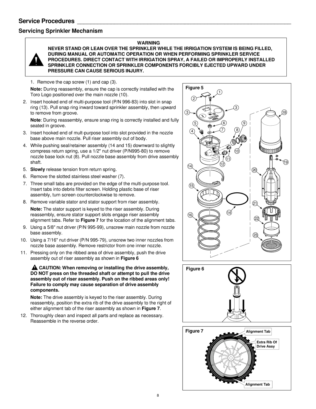 Toro 880S, 860S specifications Service Procedures, Servicing Sprinkler Mechanism 