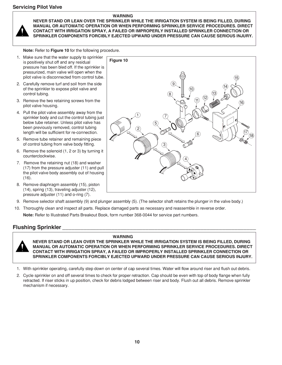 Toro DT54, DT34 specifications Flushing Sprinkler, Servicing Pilot Valve 