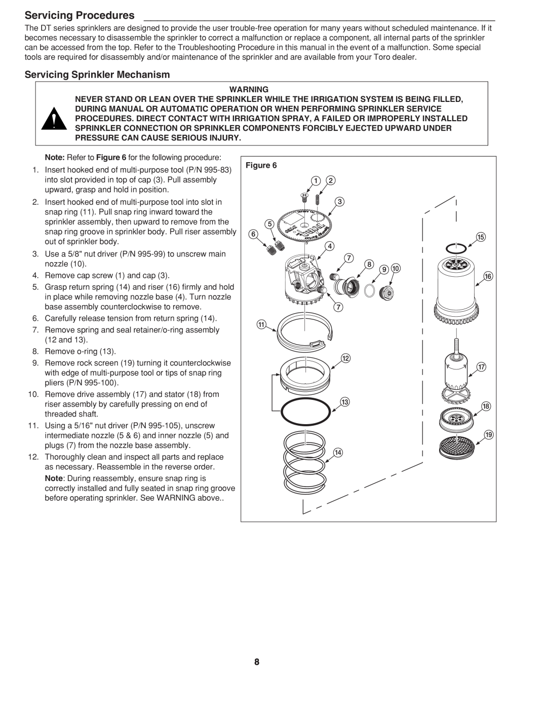 Toro DT54, DT34 specifications Servicing Procedures, Servicing Sprinkler Mechanism 