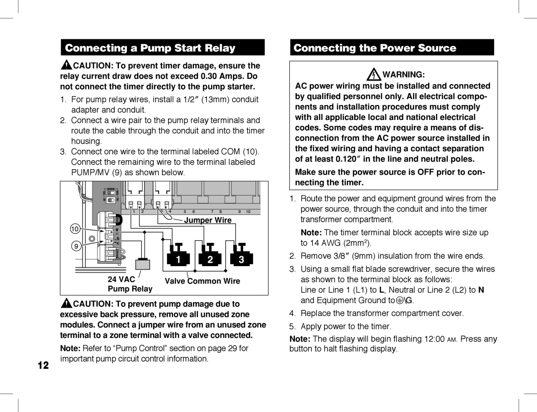 Toro ECXTRA manual Connecting a Pump Start Relay, Connecting the Power Source 