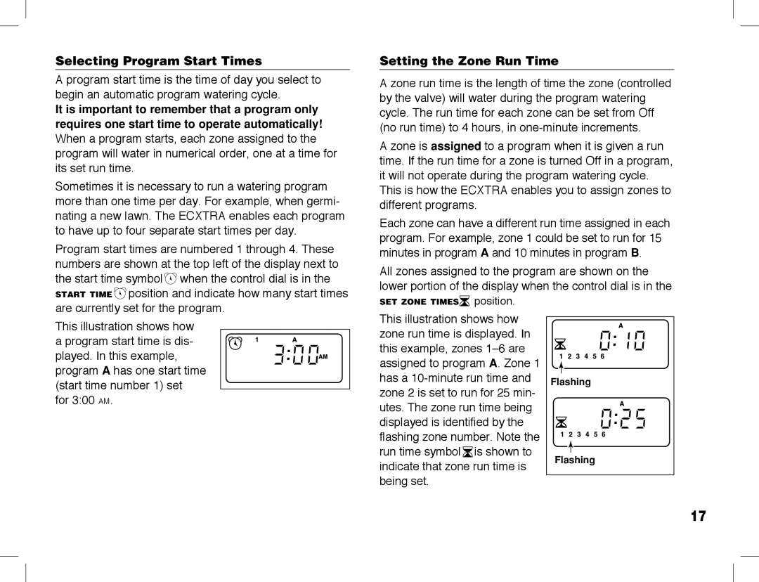 Toro ECXTRA manual Selecting Program Start Times, Setting the Zone Run Time 