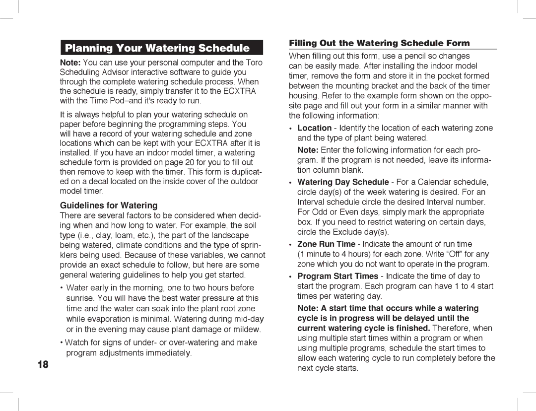 Toro ECXTRA manual Planning Your Watering Schedule, Guidelines for Watering, Filling Out the Watering Schedule Form 