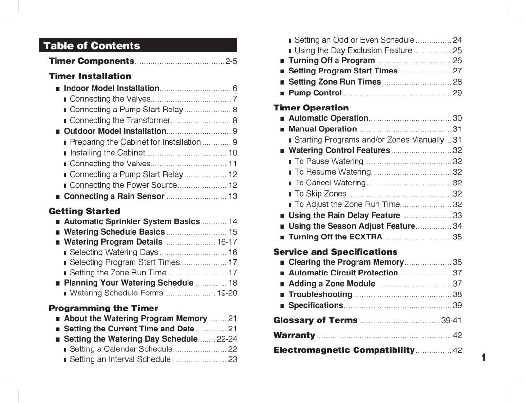 Toro ECXTRA manual Table of Contents 