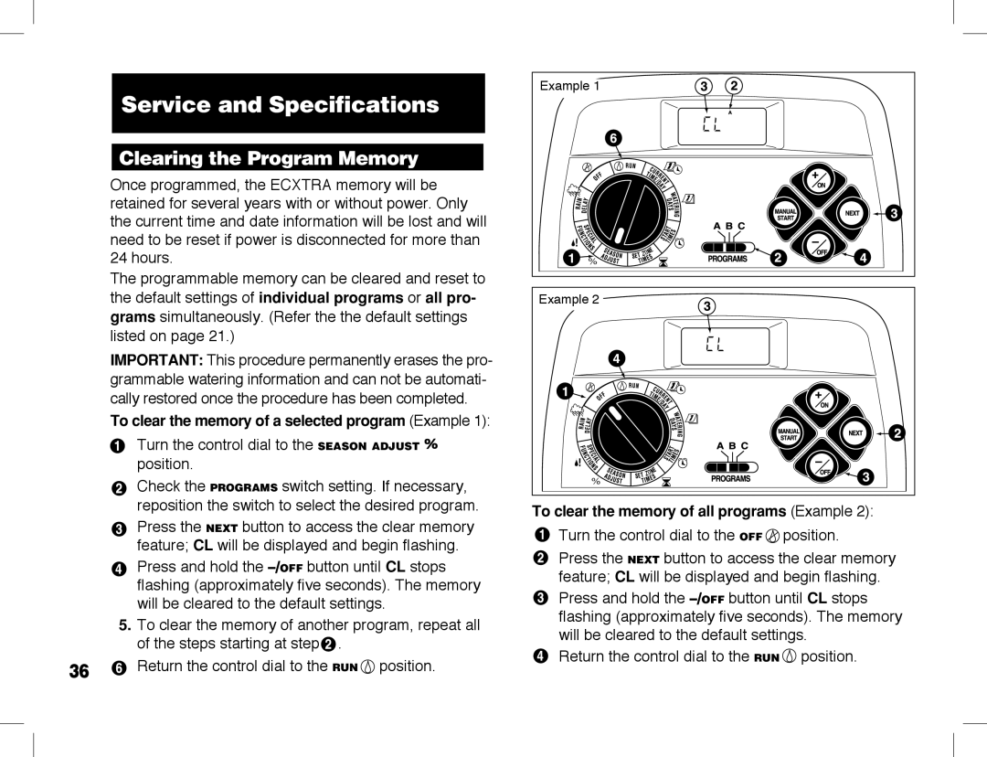 Toro ECXTRA manual Clearing the Program Memory, Default settings of individual programs or all pro 