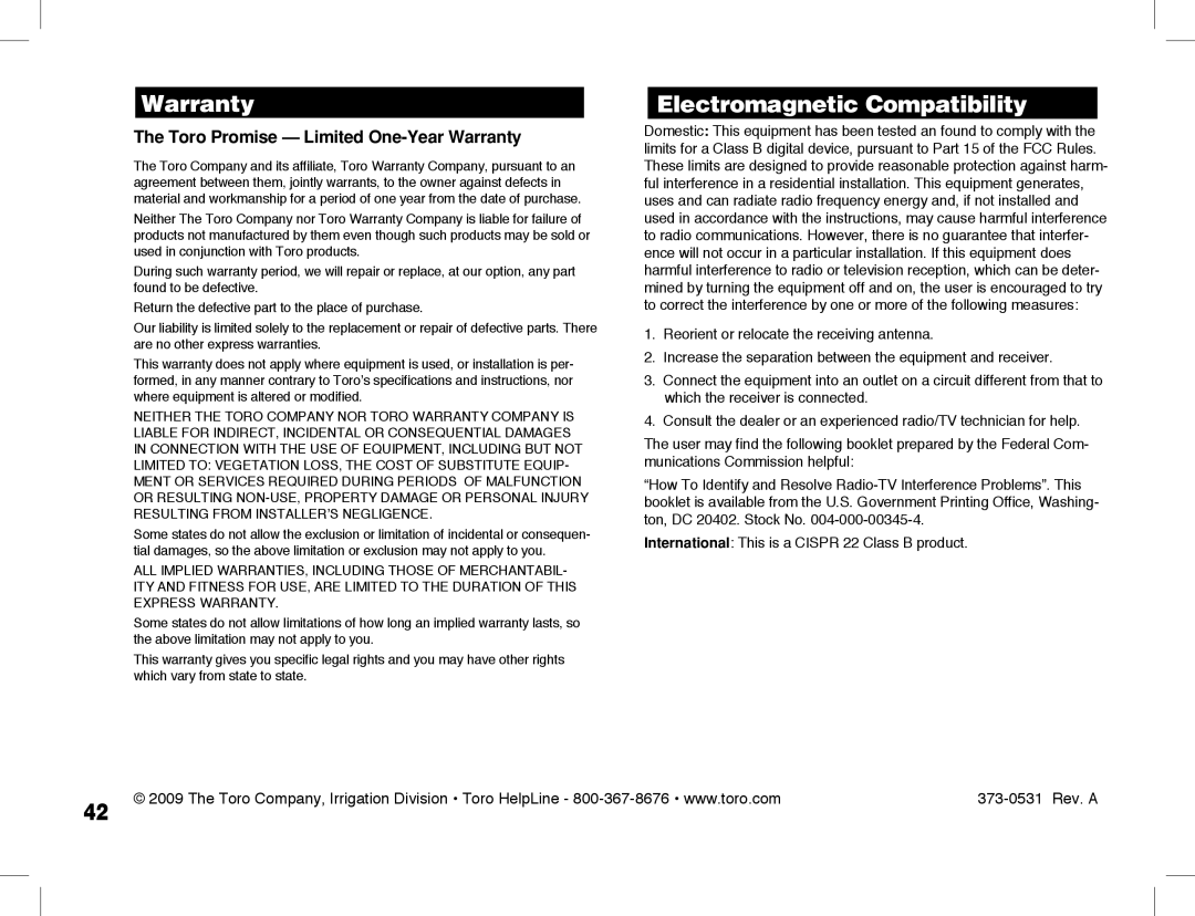 Toro ECXTRA manual Warranty, Electromagnetic Compatibility 