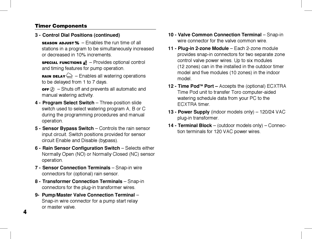 Toro ECXTRA manual Timer Components Control Dial Positions 