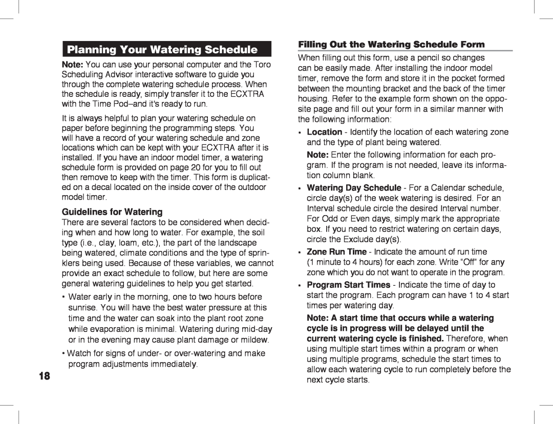 Toro ECXTRA manual Planning Your Watering Schedule, Guidelines for Watering, Filling Out the Watering Schedule Form 