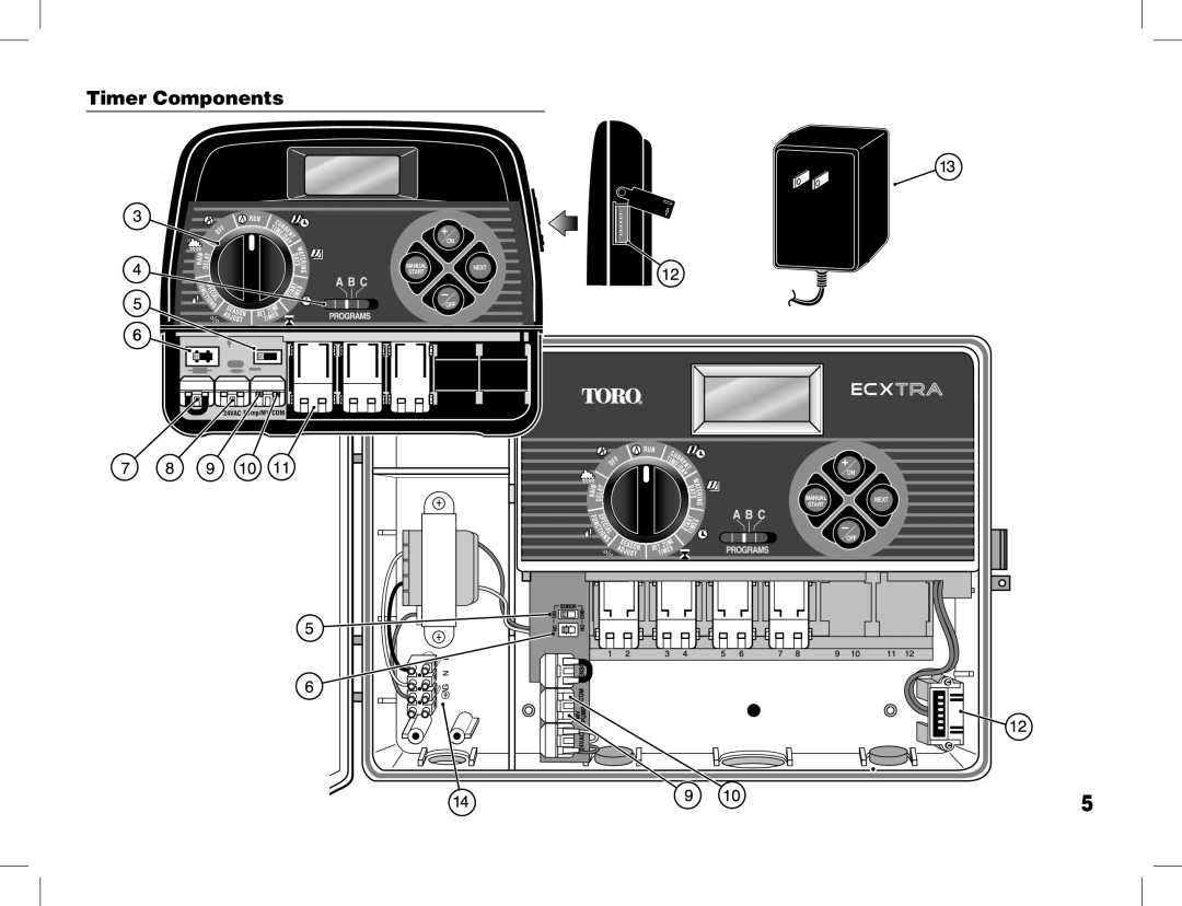 Toro ECXTRA manual Timer Components, A B C, 24VAC Pump/MV COM, Manual, Next, Start 