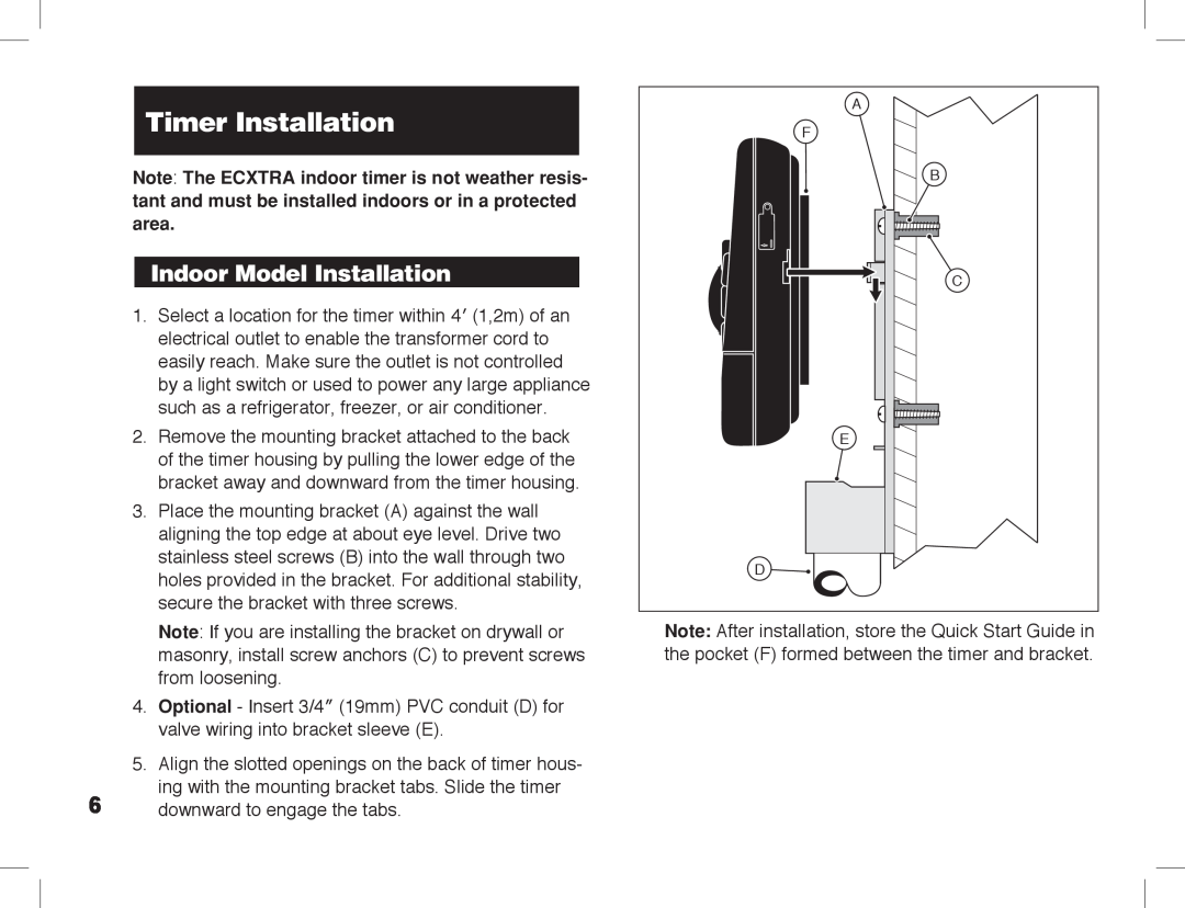 Toro ECXTRA manual Timer Installation, Indoor Model Installation 