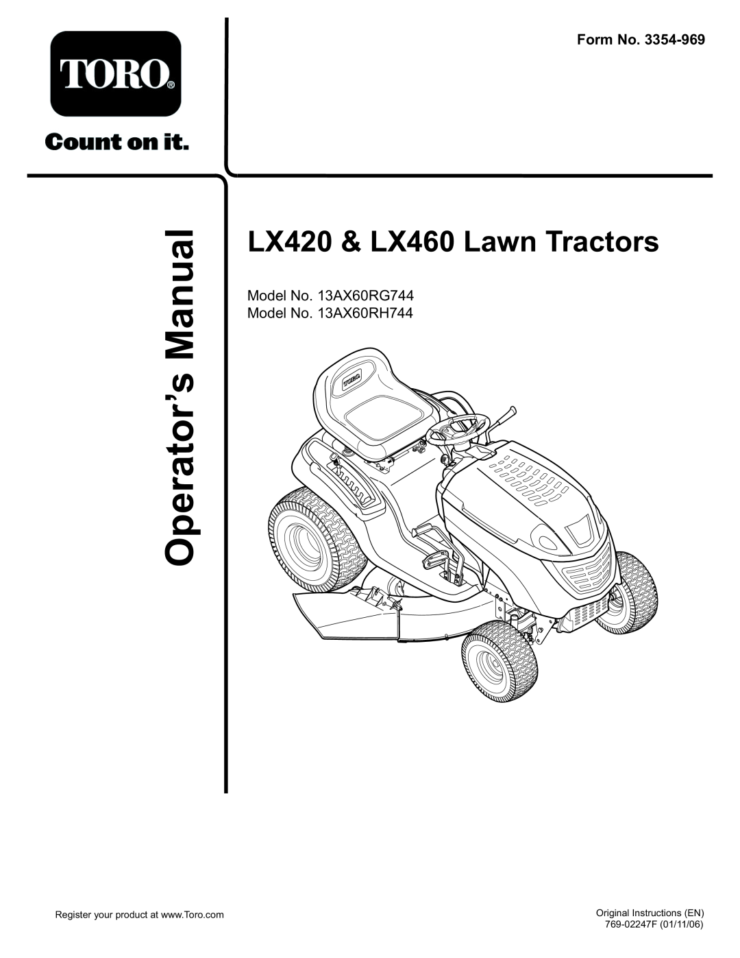 Toro LX420, LX460 manual ManualOperator’s, Form No, LX420 & LX460 Lawn Tractors, Original Instructions EN 