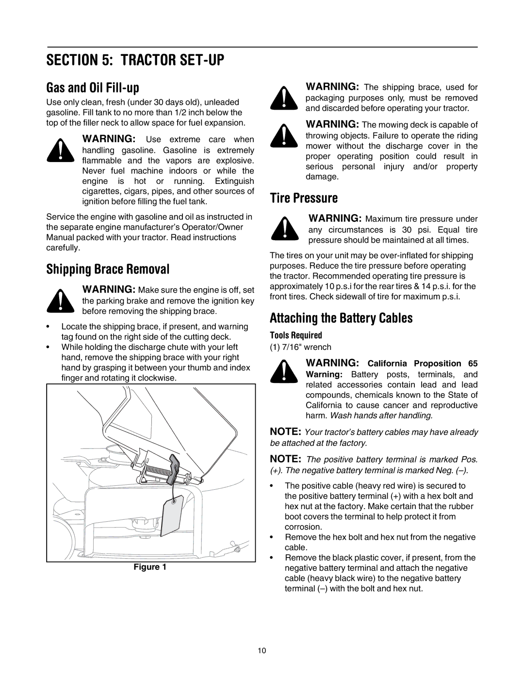 Toro LX500 manual Gas and Oil Fill-up, Shipping Brace Removal, Tire Pressure, Attaching the Battery Cables, Tools Required 