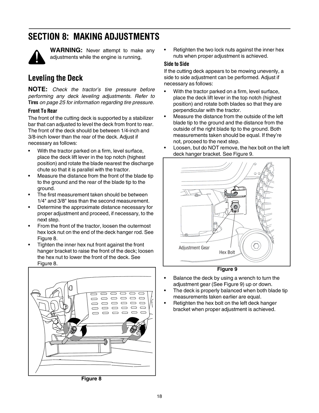 Toro LX500 manual Making Adjustments, Leveling the Deck, Side to Side 