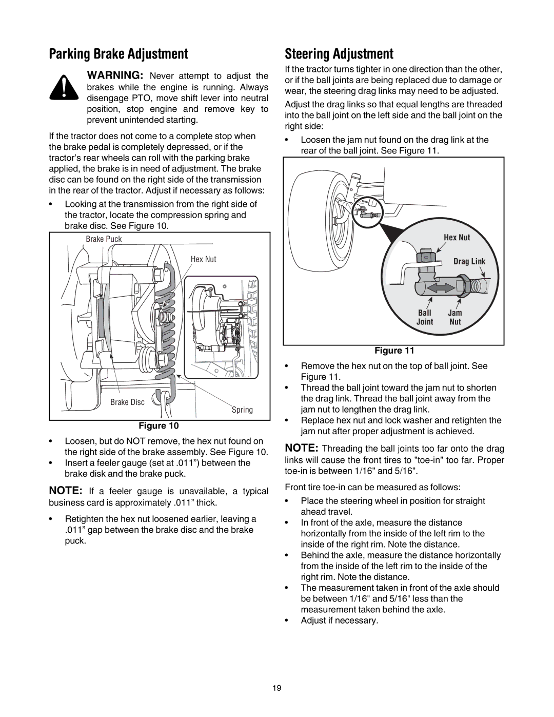 Toro LX500 manual Parking Brake Adjustment, Steering Adjustment 