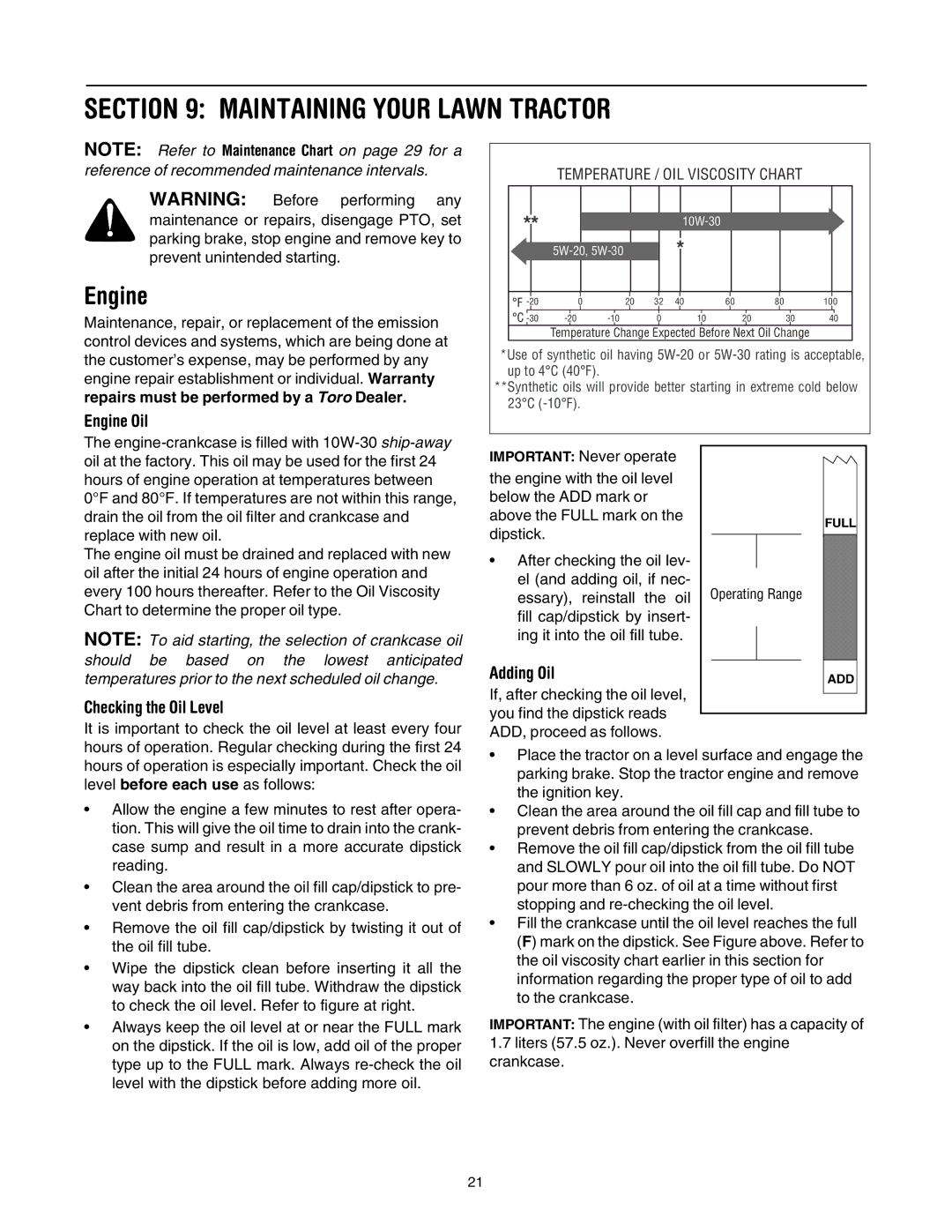 Toro LX500 manual Maintaining Your Lawn Tractor, Engine Oil, Checking the Oil Level, Adding Oil 