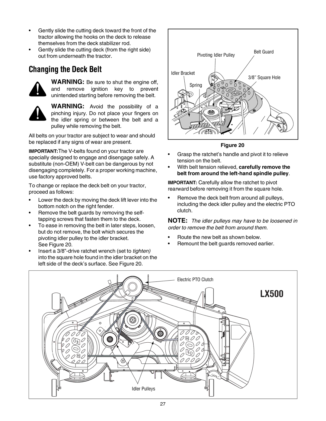 Toro LX500 manual Changing the Deck Belt 