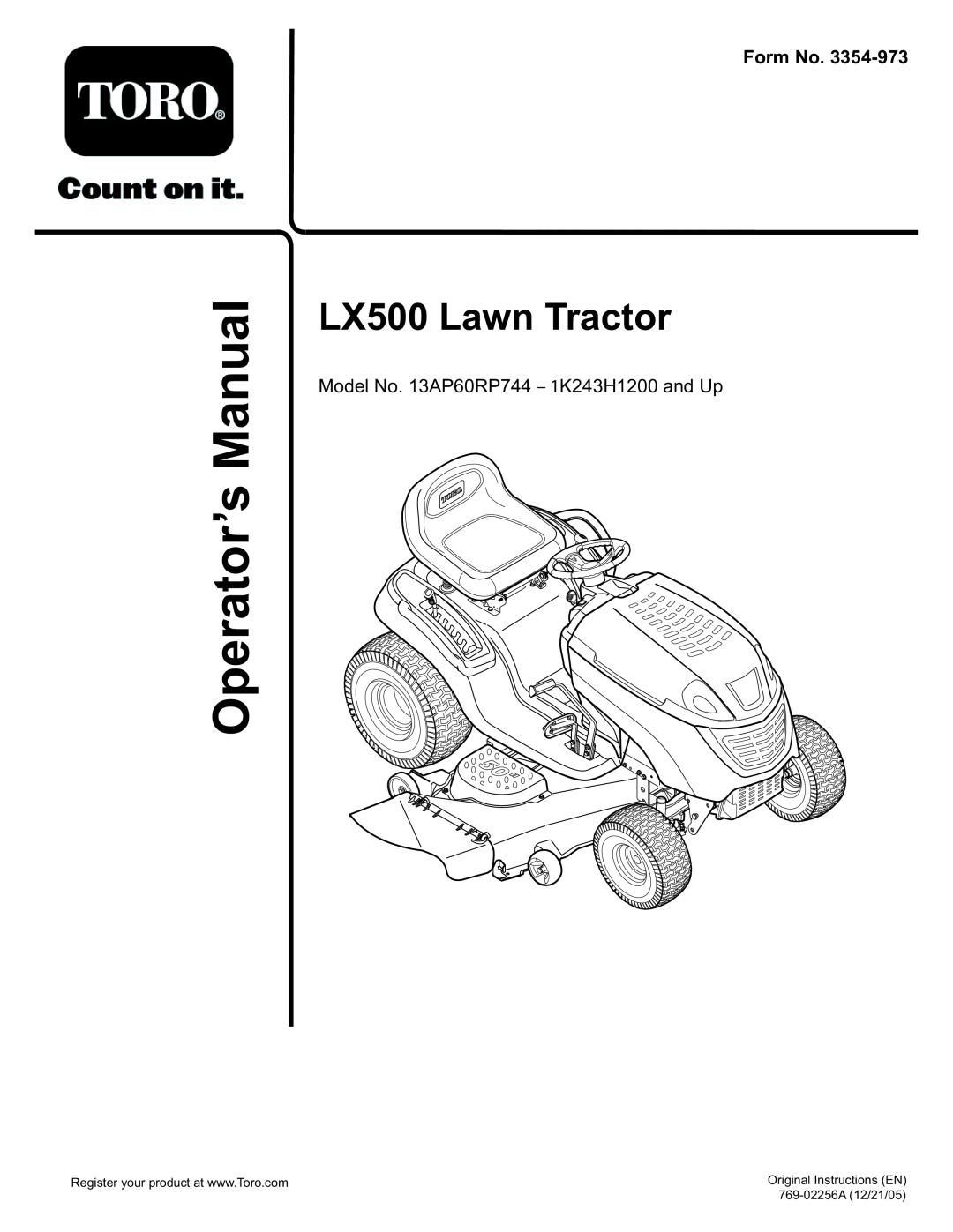 Toro manual ManualOperator’s, Form No, LX500 Lawn Tractor, Model No. 13AP60RP744 - 1K243H1200 and Up 