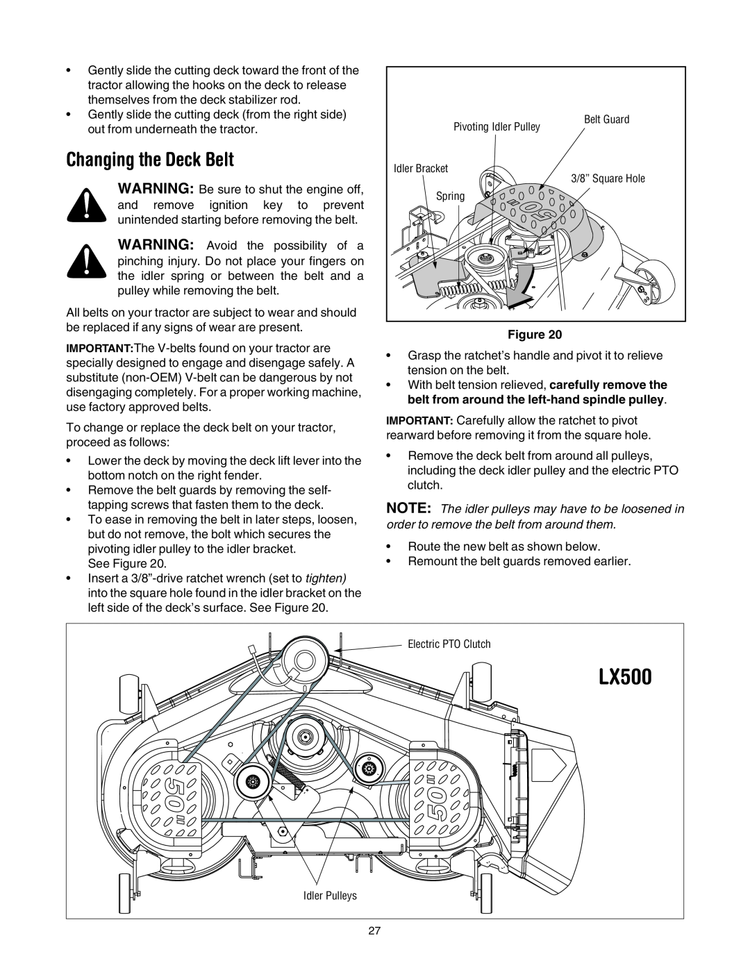 Toro LX500 manual Changing the Deck Belt 