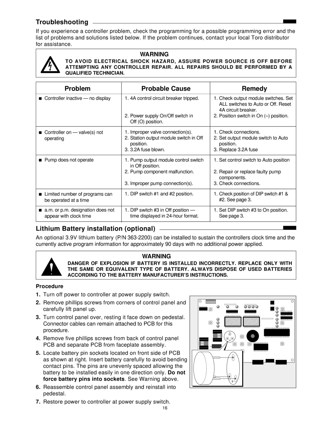 Toro Plus Series Satellite Troubleshooting, Problem Probable Cause Remedy, Lithium Battery installation optional 