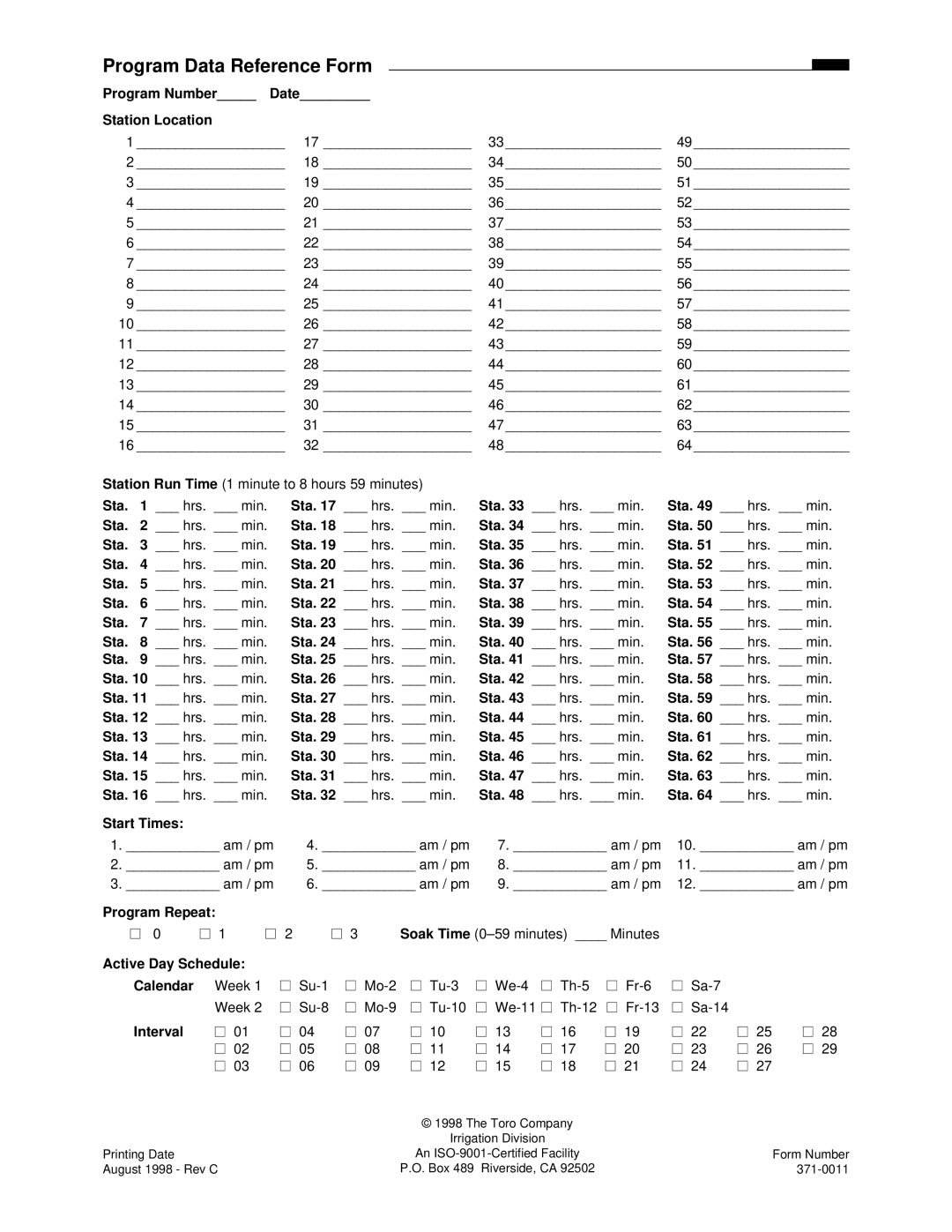 Toro Plus Series Satellite specifications Program Data Reference Form, Interval 